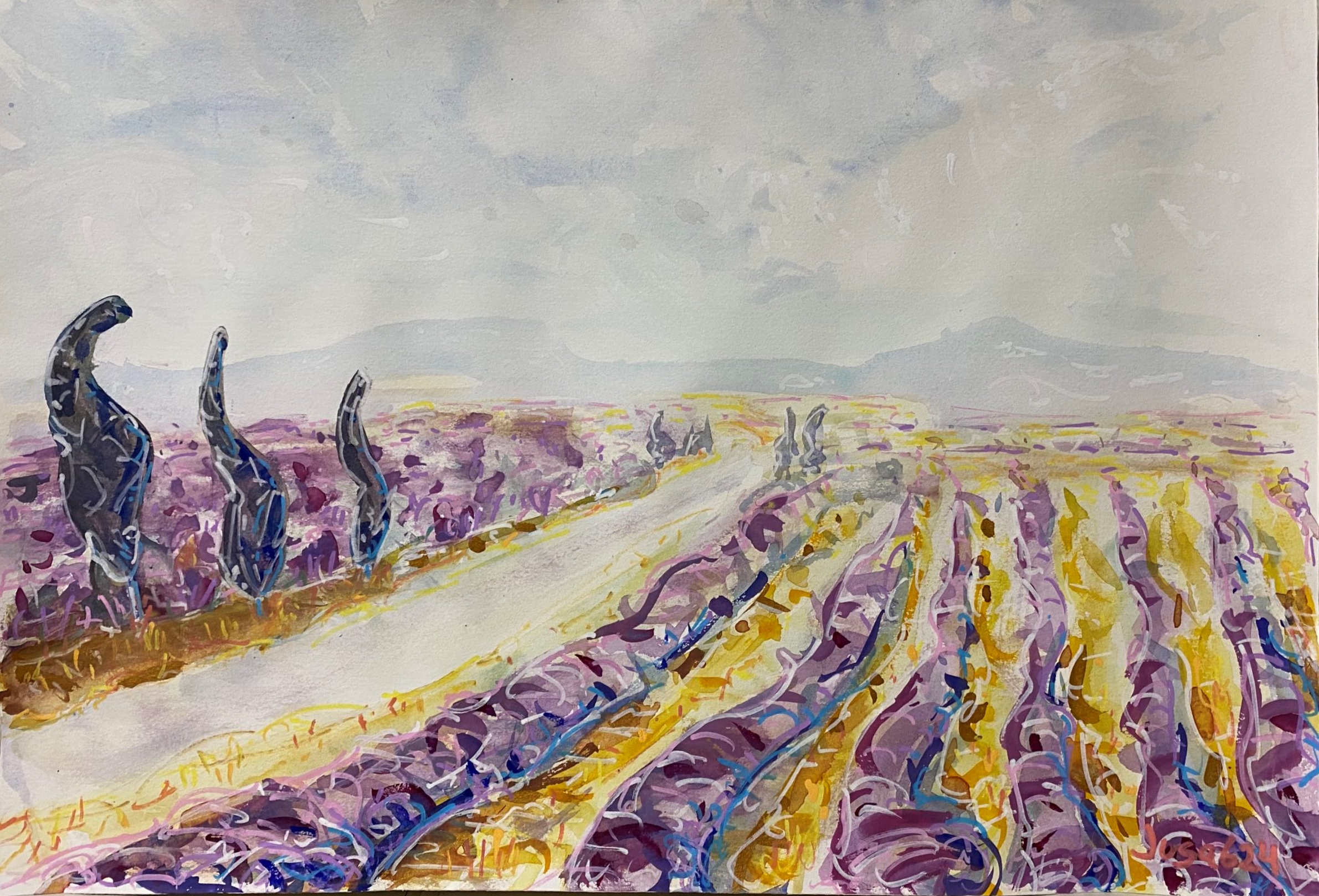 Lavender Rows and Cypress Trees, 38 x 60 cm